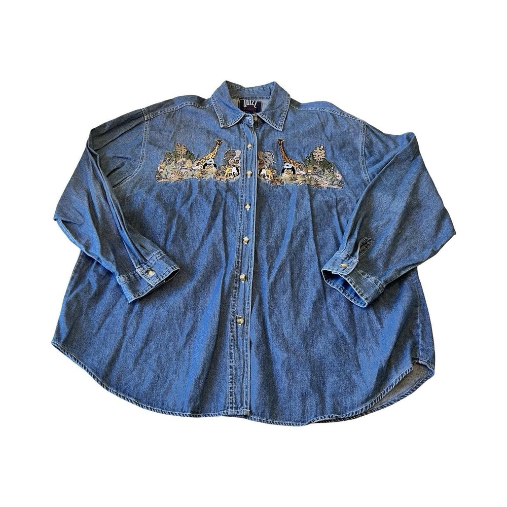 Quizz New York Vintage Safari Animal Embroidered Denim Shirt Blue Womens Size 22